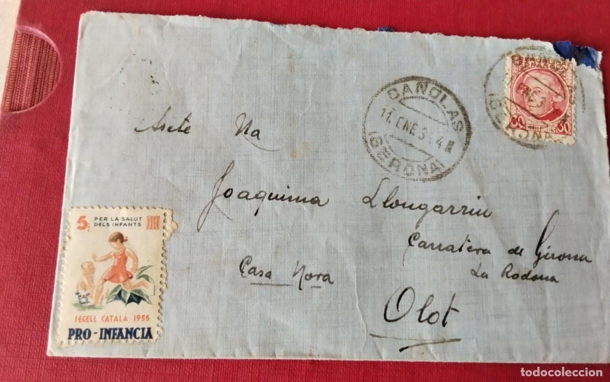 Sellos: SOBRE CIRCULADO DE BA&Ntilde;OLAS A OLOT , FRANQUEO REPUBLICA CON VI&Ntilde;ETA PRO-INFANCIA