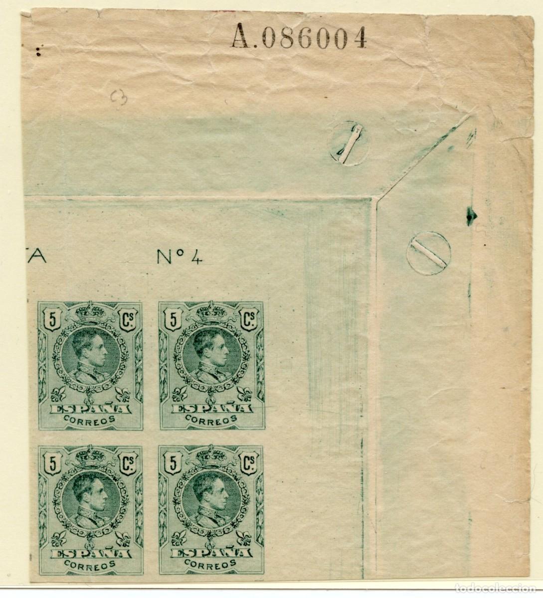 Sellos: ESPA&Ntilde;A ALFONSO XIII EDIFIL N&ordm; 268s BLOQUE DE 4 SIN DENTAR. Sin n&ordm; al dorso. Sin goma. Esquina pliego