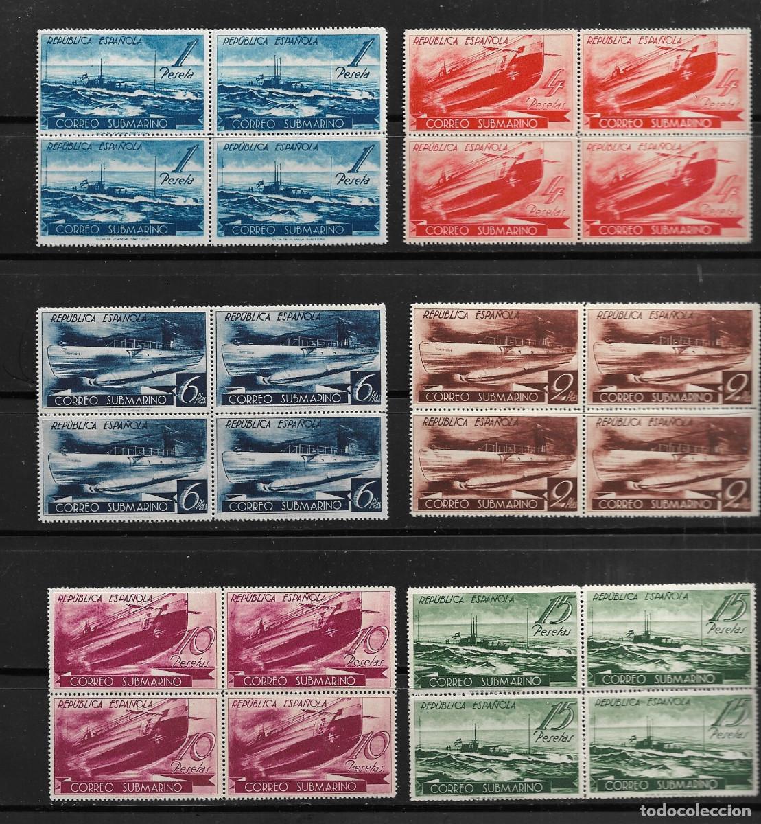 Sellos: ESPA&Ntilde;A 1938, EDIFIL 775/80 - CORREO SUBMARINO EN BLOQUE DE 4. MNH.