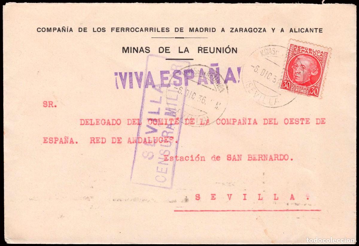 Sellos: Espa&ntilde;a - Edi o 687 - Sobre Mat &rdquo;Minas de la Reuni&oacute;n 6/12/36&rdquo; + membrete &rdquo;Compa&ntilde;&iacute;a de ...&rdquo;