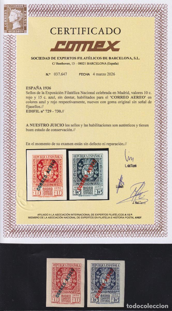 Sellos: ESPA&Ntilde;A EXPOSICION FILATELICA DE MADRID ** 729/730 A&Ntilde;O 1936 - CERTIFICADO COMEX - MNH - LUJO