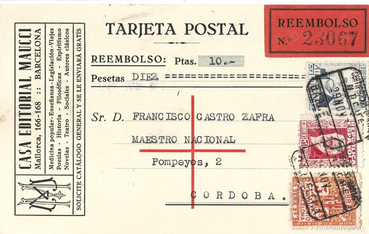 Sellos: 1933 Tarjeta Editorial Barcelona a C&oacute;rdoba Reembolso 10pts pago fraccionado enciclopedia LEER