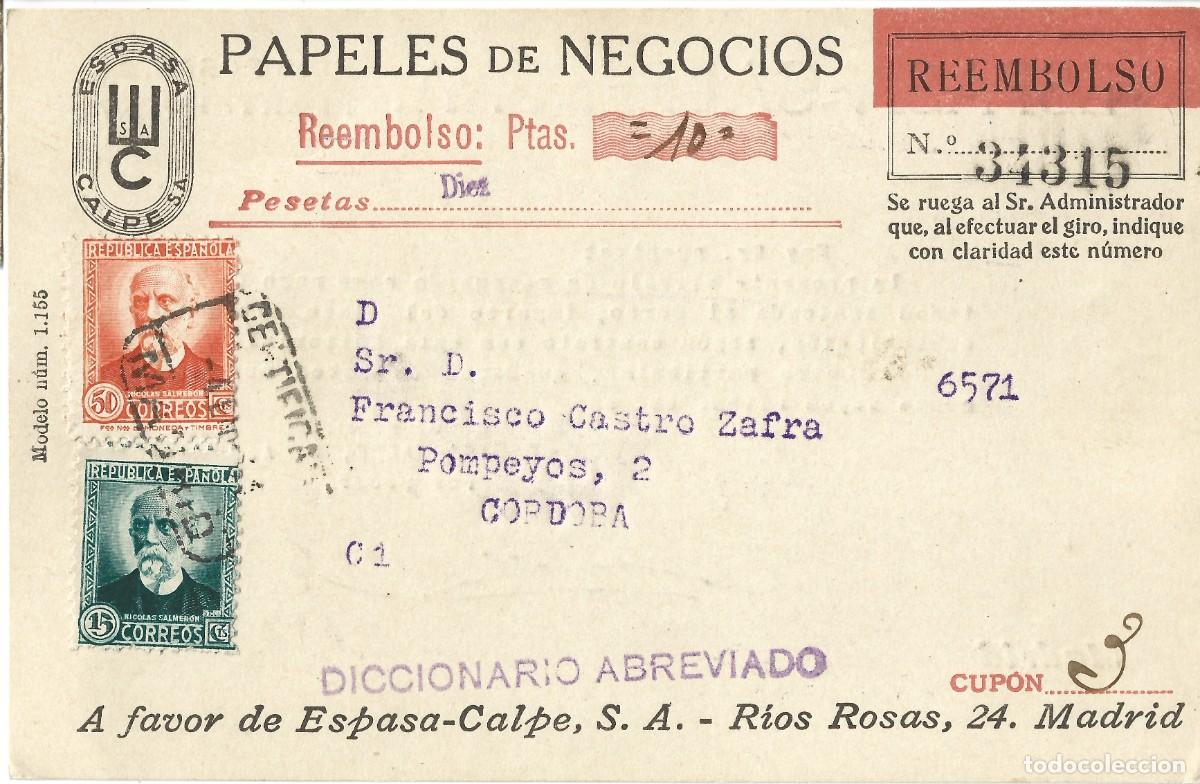 Sellos: 1933 Tarjeta Editorial madrid a C&oacute;rdoba Reembolso 10pts pago fraccionado enciclopedia LEER