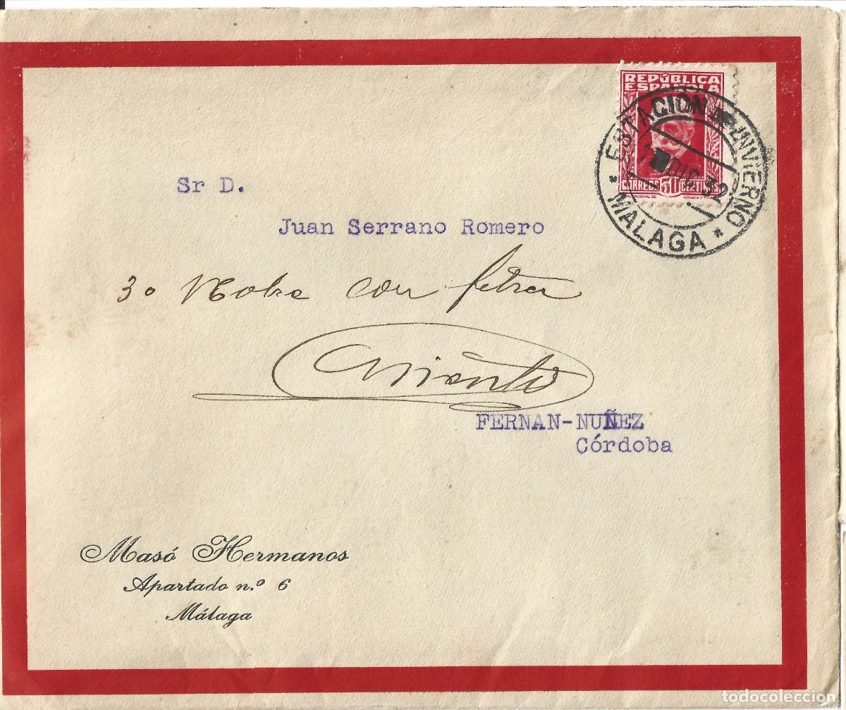 Sellos: 1933 carta sobre rep&uacute;blica. ESTACION DE INVIERNO - M&Aacute;LAGA a C&oacute;rdoba