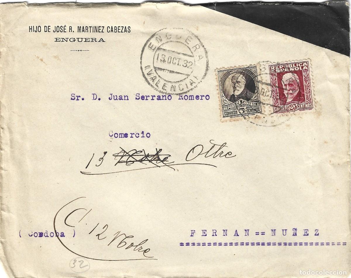 Sellos: 1932 carta rep&uacute;blica Enguera Valencia a Fern&aacute;n N&uacute;&ntilde;ez , C&oacute;rdoba