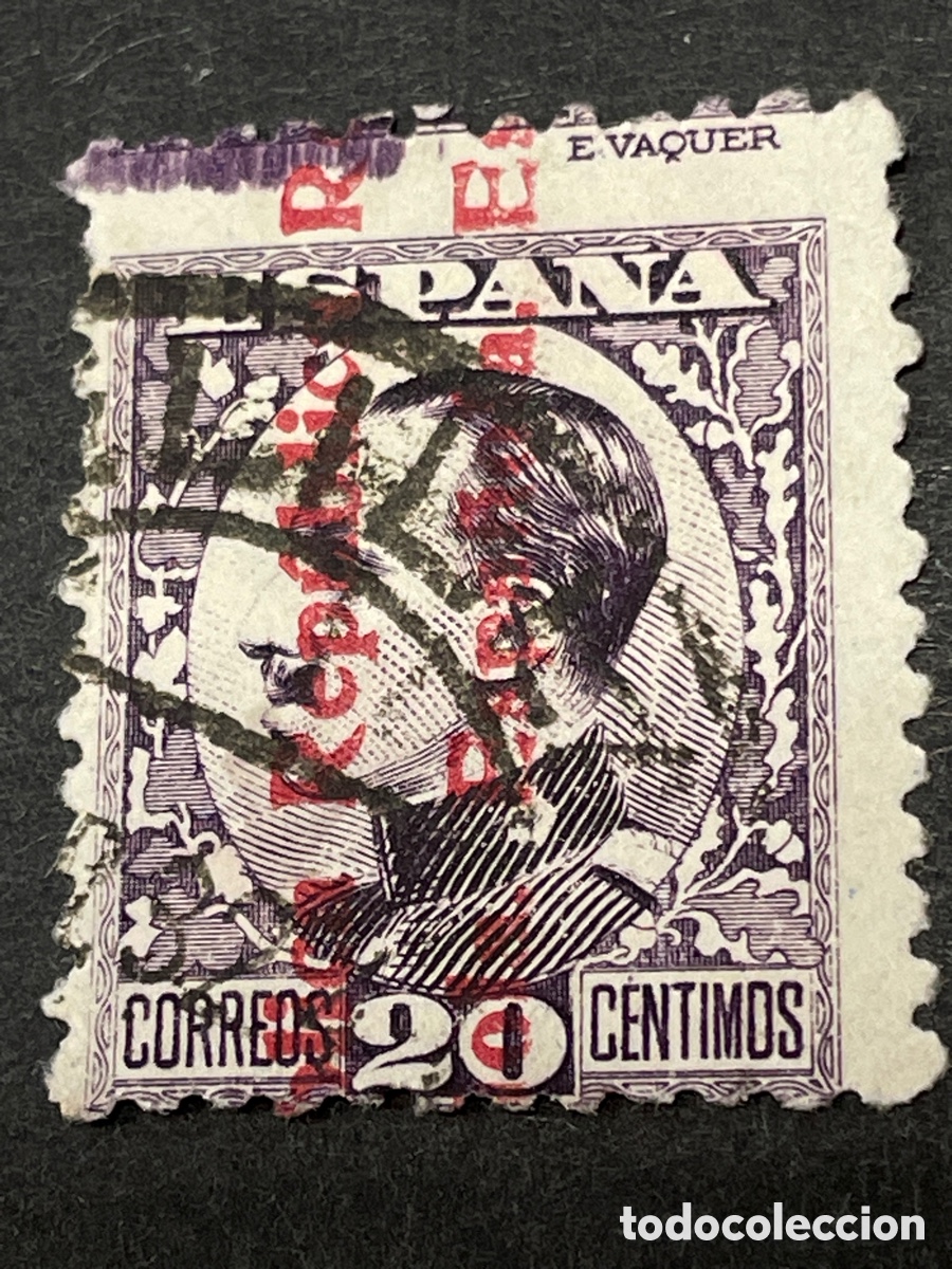 Sellos: Edifil 597 20 cts vaquer sobrecargado, variedad pie de imprenta en parte superior del sello, usado