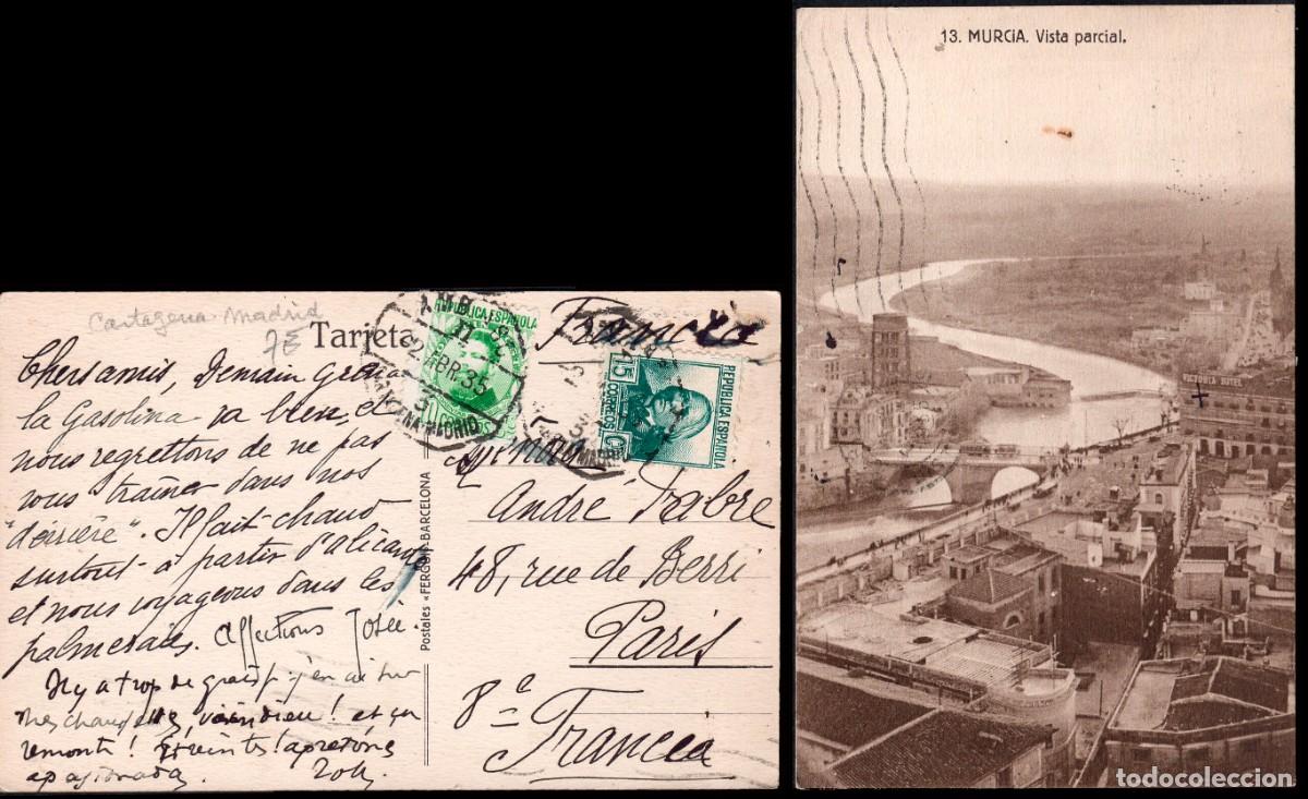 Sellos: Murcia - Edi o TP 664+665 - Postal &rdquo;Murica - vista parcial&rdquo; - Mat &rdquo;AMB. Ascd. II - 2/Abr./35 - 3...