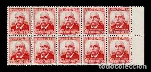 Briefmarken: Est.D ESPA&Ntilde;A Personajes EMILIO CASTELAR Edifil n&ordm; 736 Valor 40 cts CARMIN Bloque de 10 ejemplares