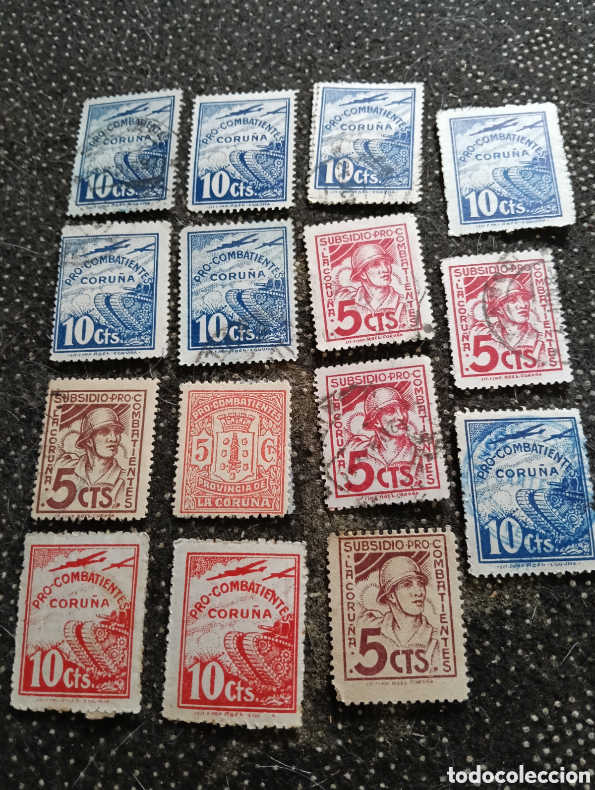 Sellos: Lote de 15 sellos La Coru&ntilde;a Pro Combatientes de 5 y 10 CTS. Todos usados