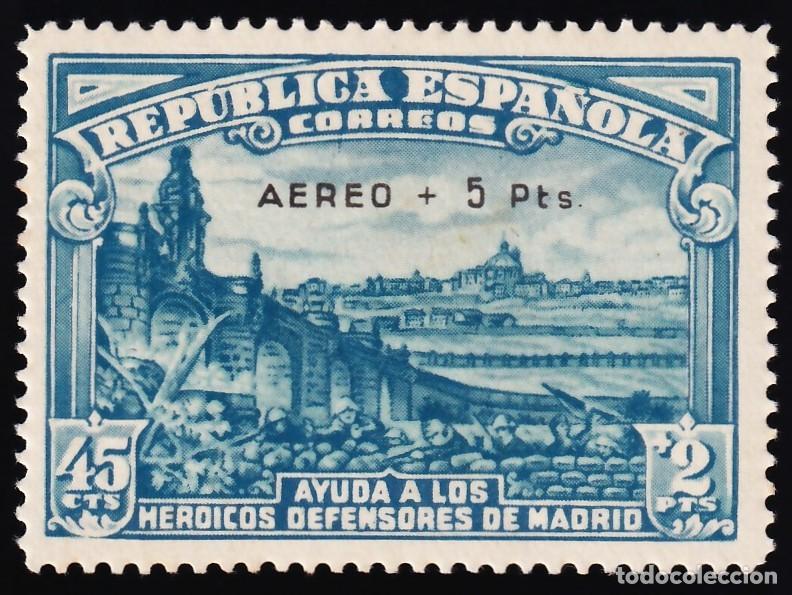 Sellos: ESPA&Ntilde;A, 1938 EDIFIL N&ordm; 759 /**/, Defensa de Madrid, [&rdquo;AEREO + 5 Pts.&rdquo;]