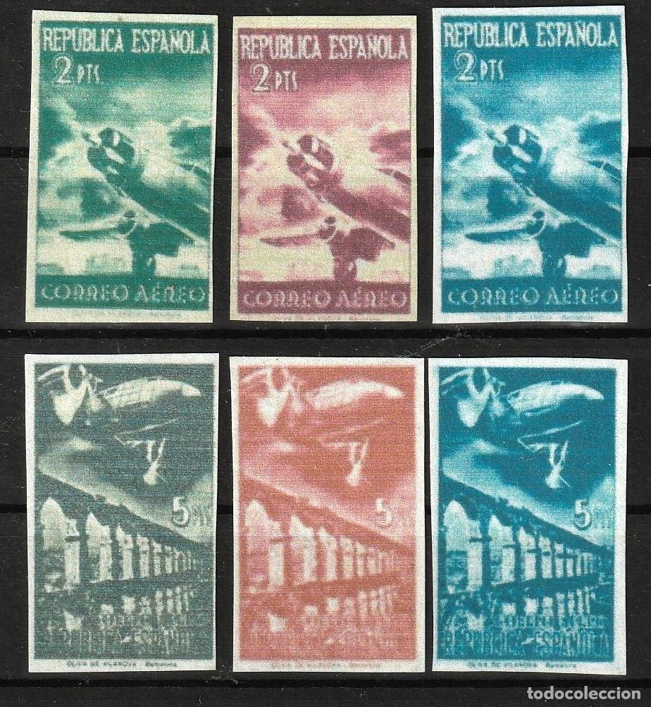 Sellos: Espa&ntilde;a Lote de 6 sellos de la serie sin dentar aviones y paisajes.Falsos.No emitidos.1939