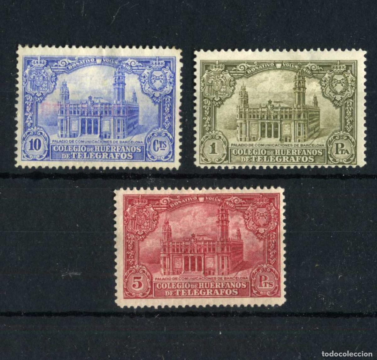 Sellos: XS- Hu&eacute;rfanos Tel&eacute;grafos 1935 Palacio de BARCELONA Serie Nueva con se&ntilde;al de fijasellos Ed. 7-9