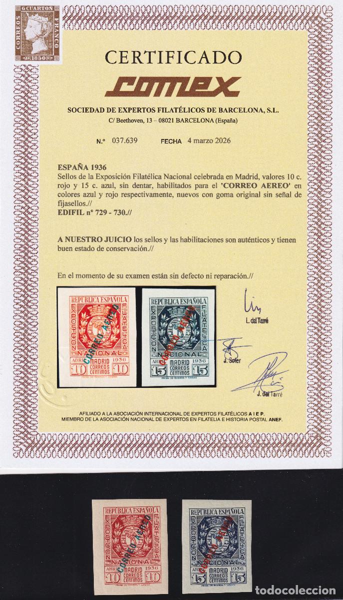 Sellos: ESPA&Ntilde;A EXPOSICION FILATELICA DE MADRID ** 729/730 A&Ntilde;O 1936 - COMEX - MNH - LUJO