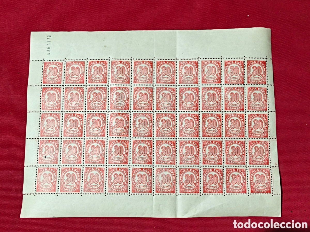 Sellos: Pliego completo sello 30 c&eacute;ntimos Republica de Espa&ntilde;a Correos