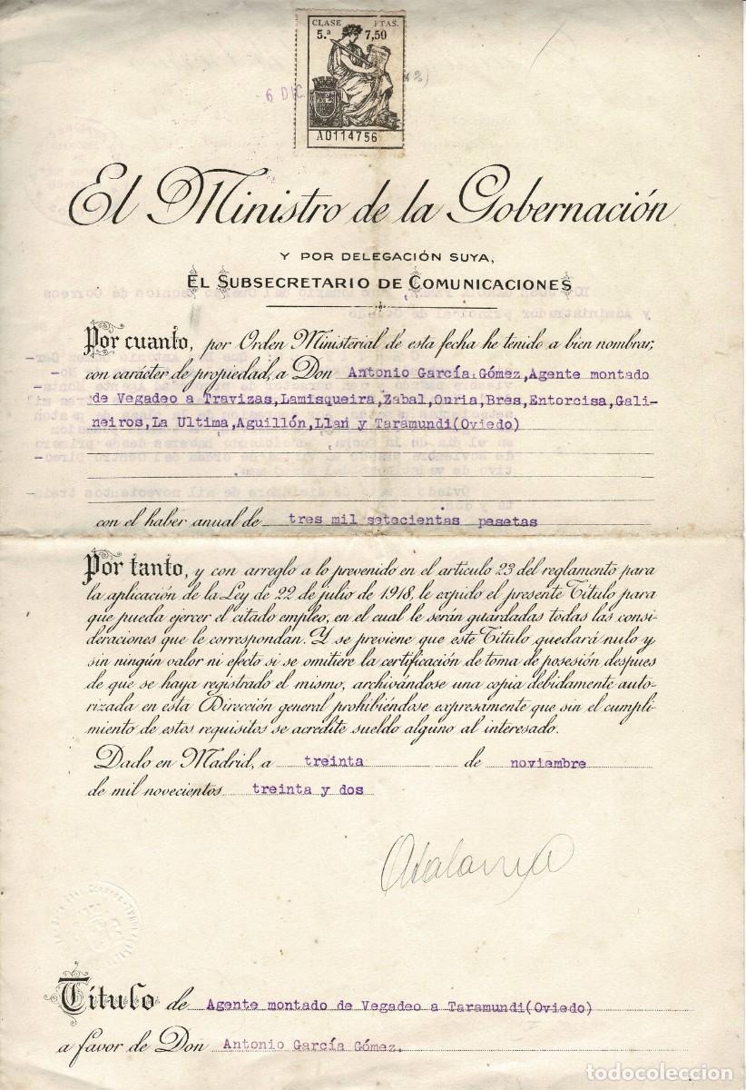 Briefmarken: 1932, nombramiento de Agente montado para reparto del corrreo de Vegadeo a Taramundi (Oviedo)