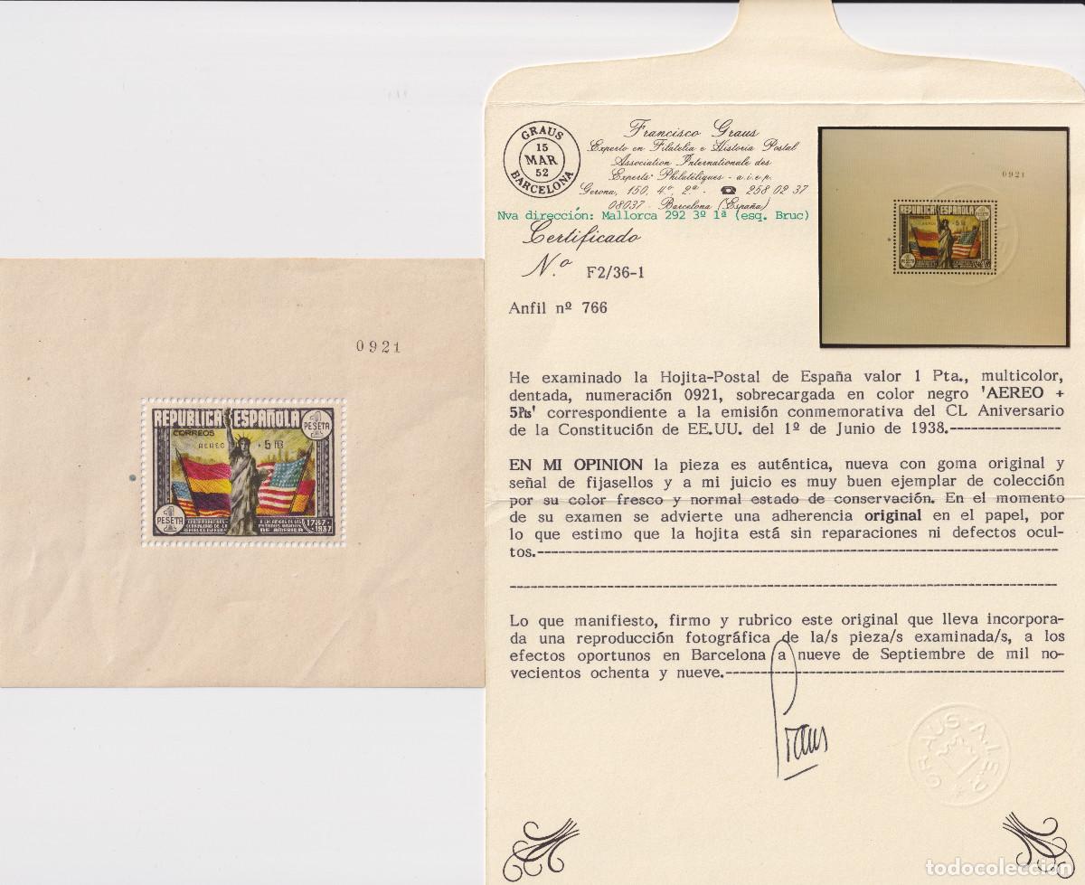 Sellos: CONSTITUCION EEUU * 766 HOJA BLOQUE - A&Ntilde;O 1938 - CERTIFICADO GRAUS - LUJO - MH