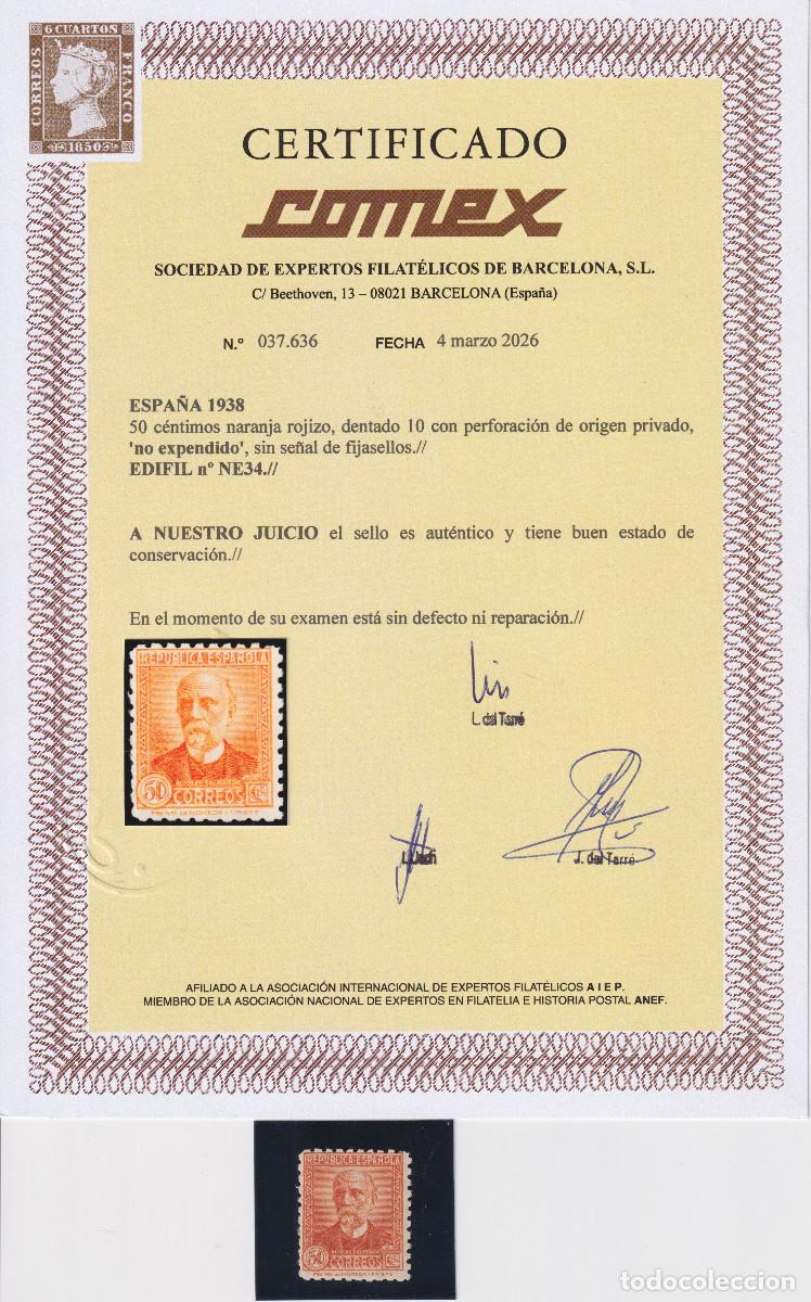 Sellos: ESPA&Ntilde;A ** NE 34 NO EXPENDIDO SALMERON A&Ntilde;O 1938 - CERTIFICADO COMEX - MNH - LUJO