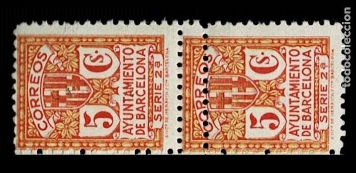 Francobolli: A2-6 Ayuntamiento de Barcelona - Edifil n&ordm; 10spv pareja Vertical CON DOBLE DENTADO ENTRE LOS SELLOS