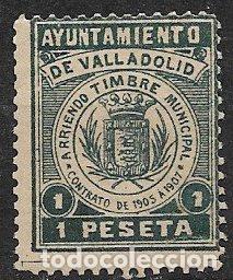 Sellos: FISCALES, Sello Municipal, Valladolid, Timbre de Arriendo, 1 pta gris verdoso * *
