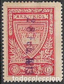Sellos: FISCALES, Sello Municipal, Mah&oacute;n, Baleares, 25 cts. rojo (o)