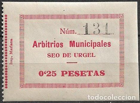 Sellos: FISCALES, Sello Municipal, Seo de Urgel, Lleida, 25 cts. rojo * *