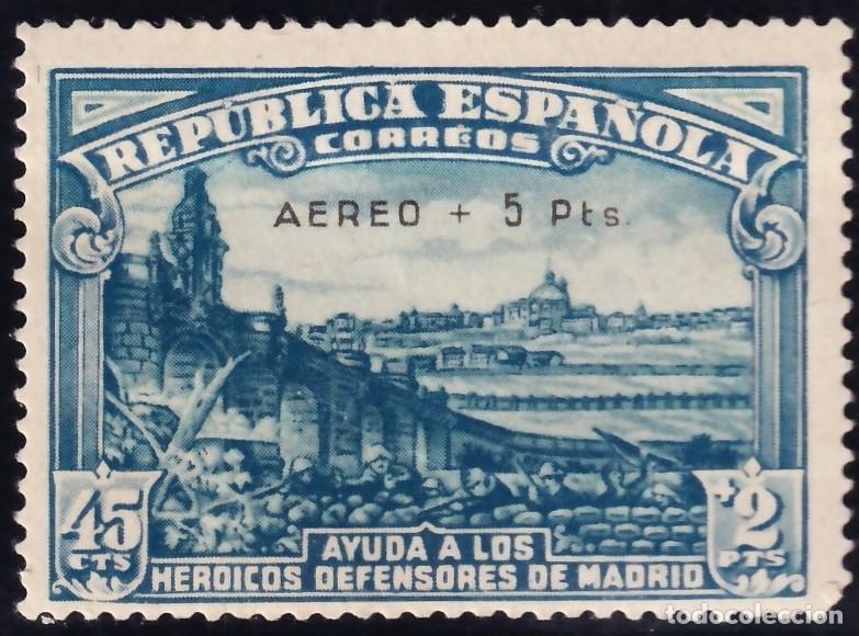 Sellos: ESPA&Ntilde;A, 1938 EDIFIL N&ordm; 759 /*/, Defensa de Madrid, [&rdquo;AEREO + 5 Pts.&rdquo;]