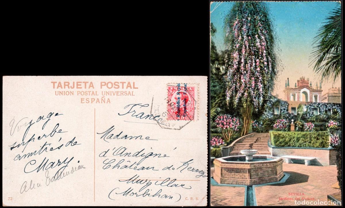 Sellos: Sevilla - Edi o TP 598 - Postal &rdquo;Sevilla - Jardines Alc&aacute;zar&rdquo; Mat &rdquo;AMB. 13/May./32 - 6 - Sevilla...&rdquo;