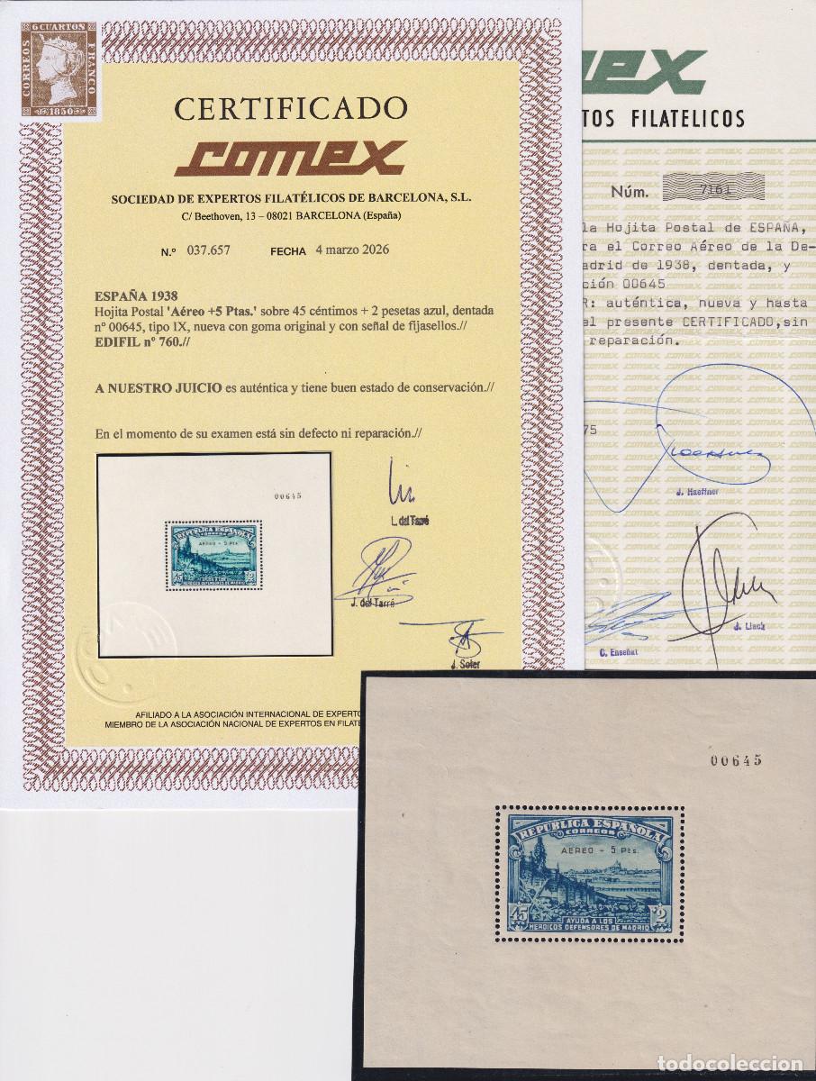 Sellos: ESPA&Ntilde;A - DEFENSA DE MADRID * 760 HB - A&Ntilde;O 1938 - CERTIFICADOS COMEX - MH - LUJO
