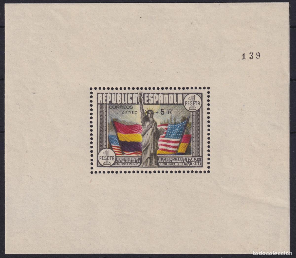 Sellos: ESPA&Ntilde;A - CONSTITUCION EEUU * 766 HOJA BLOQUE - A&Ntilde;O 1938 - CERTIFICADO COMEX LUJO