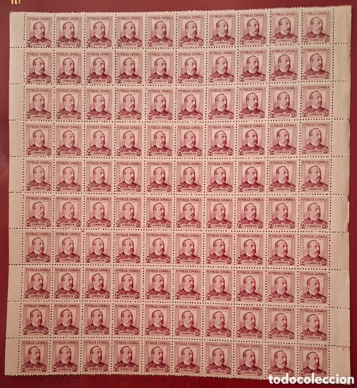 Briefmarken: Pliego de 100 sellos Zorrilla 25 cts Nuevos 1933 MNH