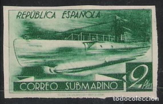 Sellos: ESPA&Ntilde;A 1938 REP&Uacute;BLICA ESPA&Ntilde;OLA CORREO SUBMARINO 2 Pesetas VERDE S.D. MNH ED 776 YT 625 MI 722