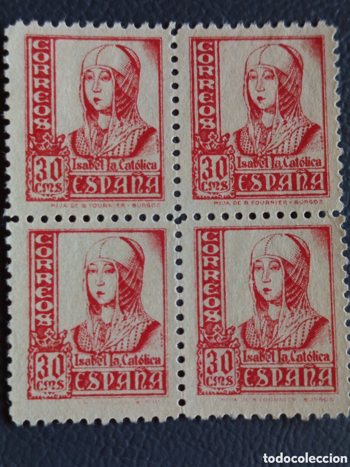 Sellos: Bloque de 4 Espa&ntilde;a 1937 Isabel la Cat&oacute;lica 30c Rojo MH Nuevo (Edifil 831)