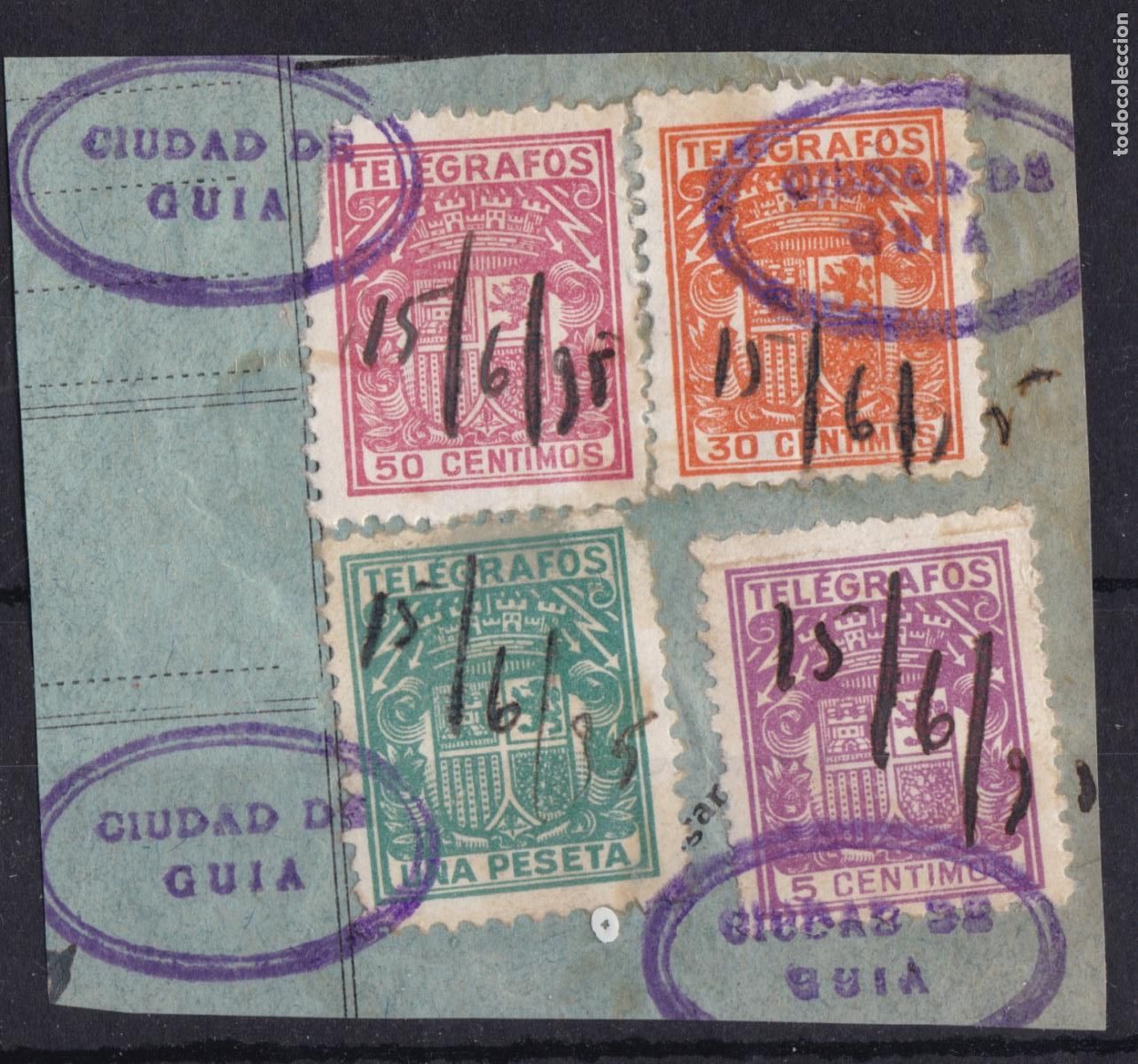 Sellos: FC4-104- TELEGRAFOS Fragmento Bonito Franqueo Cuatricolor CIUDAD de GUIA . Canarias