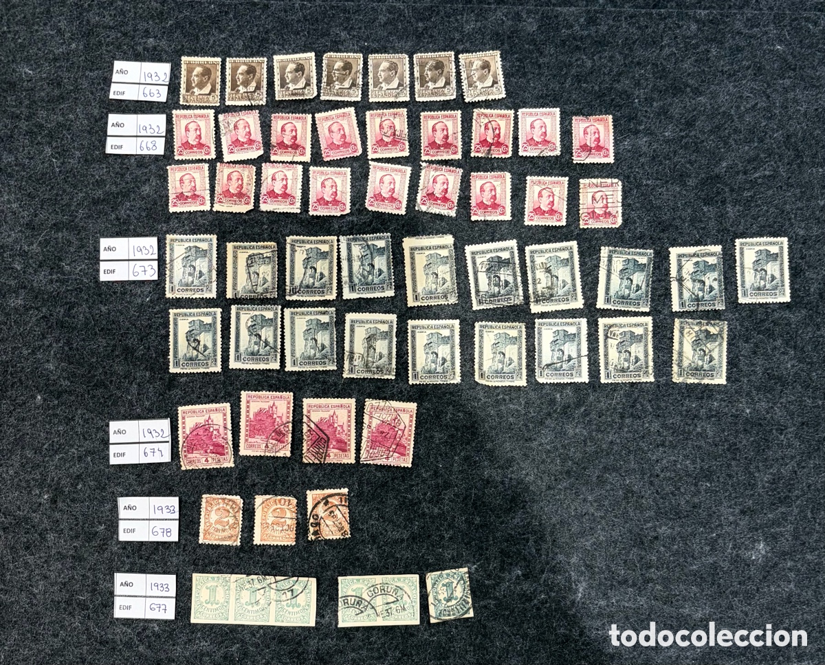 Selos: Wallapop / eBay) Lote 59 sellos Rep&uacute;blica Espa&ntilde;ola 1932-1933 Edifil 663 668 673 674 677 678