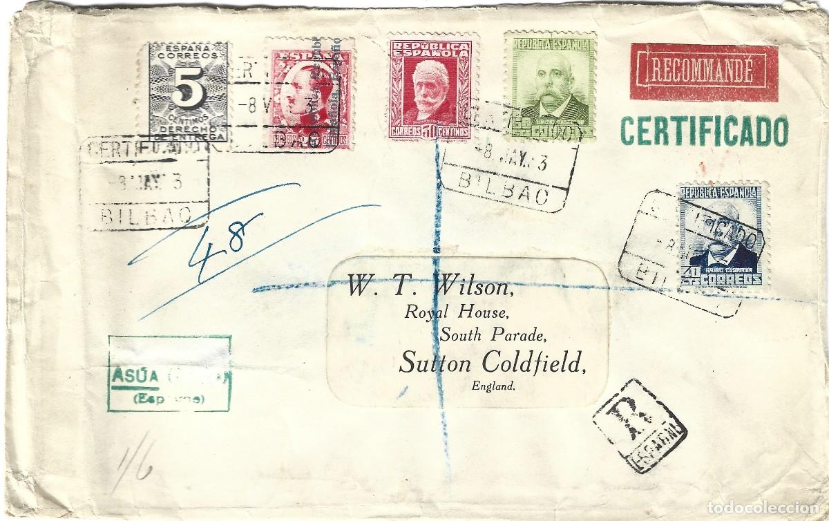 Sellos: 1933 Carta sobre certificado rep&uacute;blica Asua - Bilbao a Inglaterra