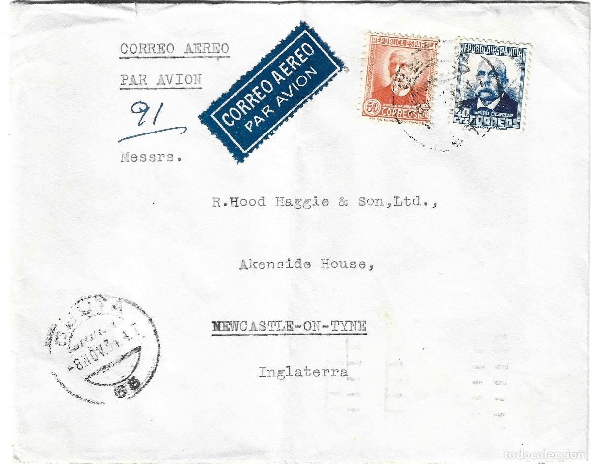 Sellos: 1934 Carta sobre rep&uacute;blica Correo A&eacute;reo Ceuta a Inglaterra