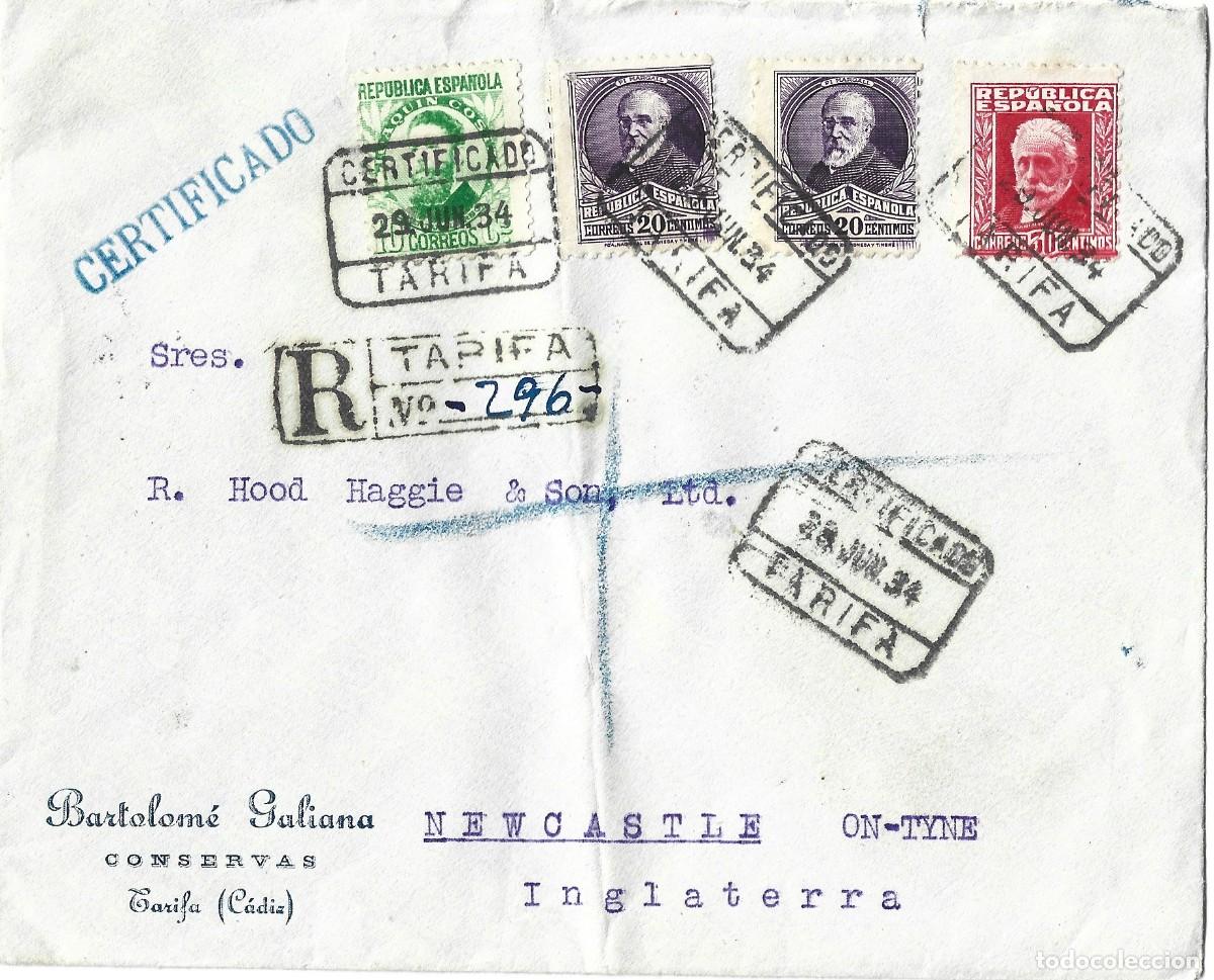 Sellos: 1934 Carta sobre certificado rep&uacute;blica Tarifa - C&aacute;diz a Inglaterra