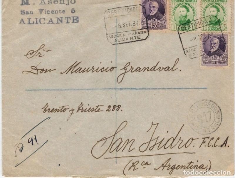Sellos: FA5026. 1934, correo certificado de Alicante a San Isidro (Argentina)