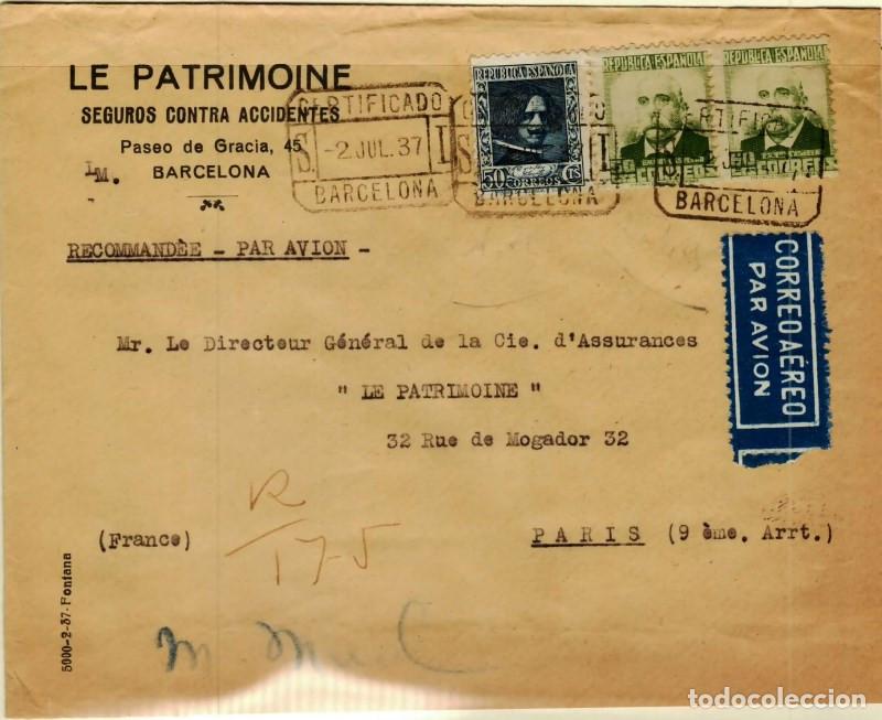 Sellos: FA5074. 1937, correo certificado de Barcelona a Paris (Francia)