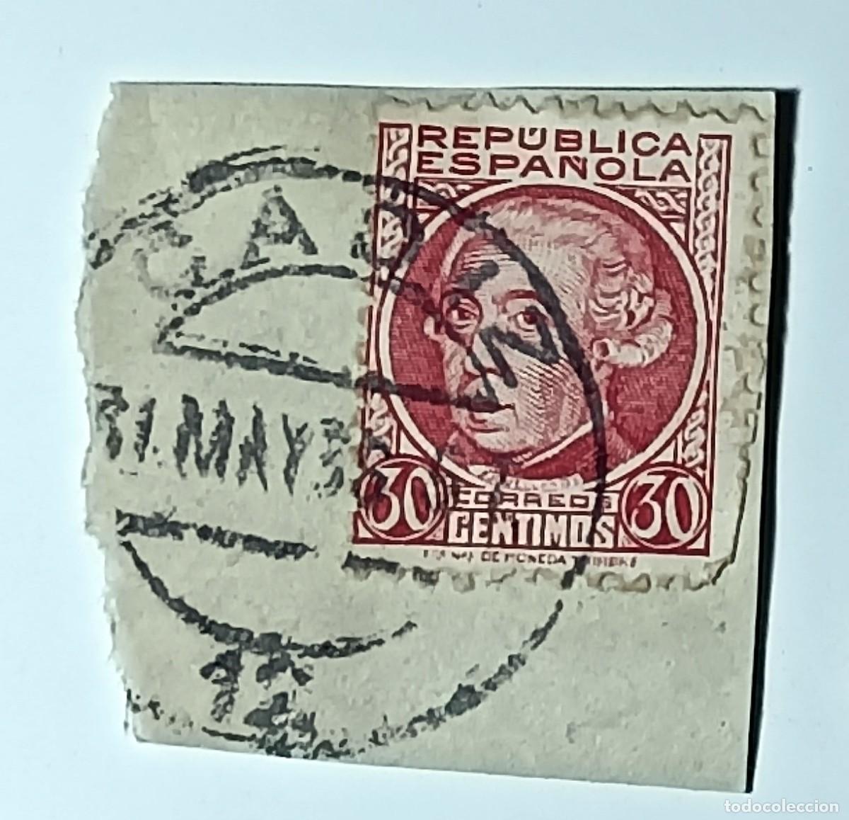 Sellos: FRAGMENTO CON SELLO ESPA&Ntilde;A REP&Uacute;BLICA 30 C&Eacute;NTIMOS &rdquo;JOVELLANOS&rdquo; - MATASELLADO MAYO 1935