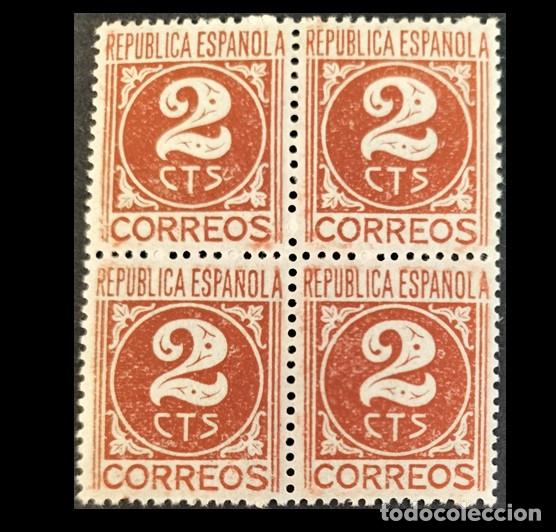Sellos: Edifil 731 MNH SIN FIJASELLOS Bloque de 4 Espa&ntilde;a 1936-1938 serie Cifras y Personajes