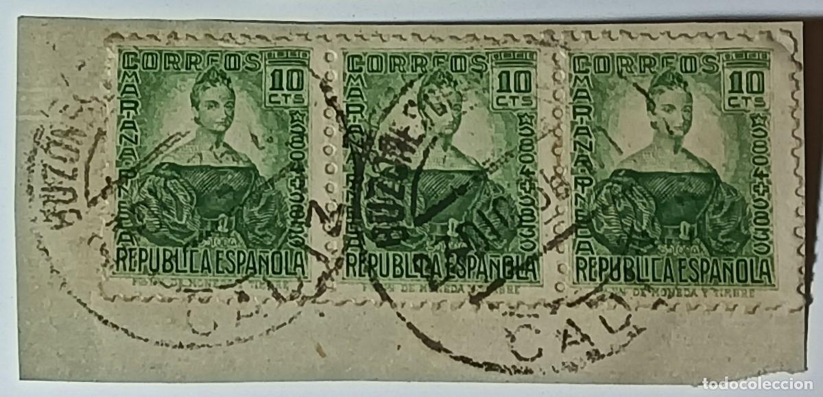 Sellos: TIRA DE 3 SELLOS REP&Uacute;BLICA ESPA&Ntilde;OLA 10 C&Eacute;NTIMOS &rdquo;MARIANA PINEDA&rdquo; MATASELLADOS - A&Ntilde;OS 1936