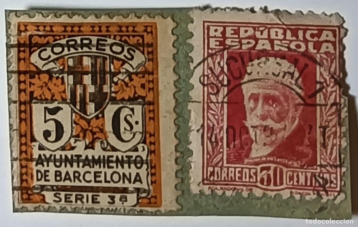 Sellos: FRAGMENTO CON 2 SELLOS &rdquo;AYUNTAMIENTO DE BARCELONA&rdquo; Y &rdquo;PABLO IGLESIAS&rdquo; MATASELLADOS - A&Ntilde;OS 1936