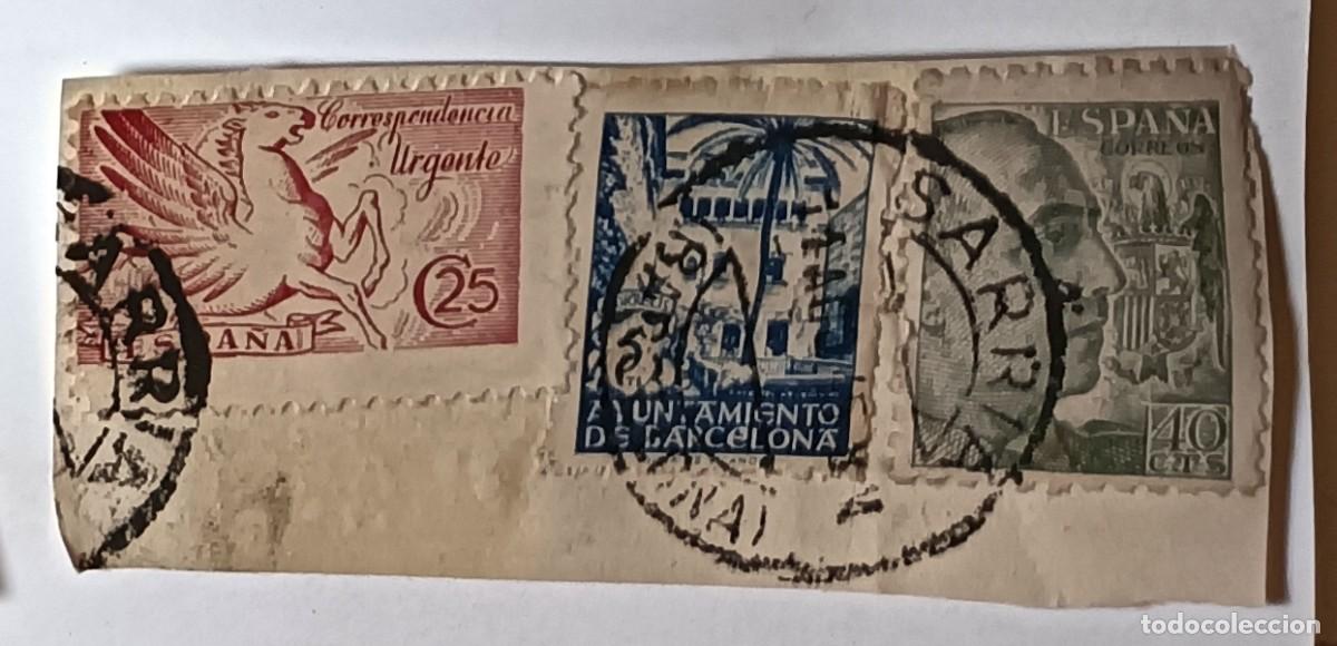 Sellos: FRAGMENTO CON 3 SELLOS: PEGASO, AYUNTAMIENTO DE BARCELONA Y GENERAL FRANCO MATASELLADOS - 1936-1939
