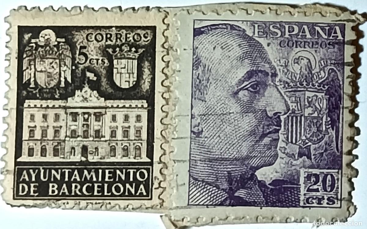 Sellos: LOCAL &rdquo;PUERTA G&Oacute;TICA DEL AYUNTAMIENTO&rdquo; DE BARCELONA (1936) Y GENERAL FRANCO 20 CTS VIOLETA (1940)