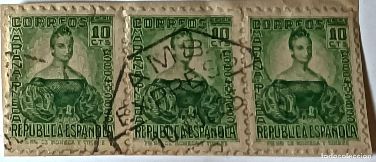 Sellos: TIRA DE TRES SELLOS REP&Uacute;BLICA ESPA&Ntilde;OLA &rdquo;PERSONAJES&rdquo; 10 C&Eacute;NTIMOS VERDE &mdash; MARIANA PINEDA (1934)