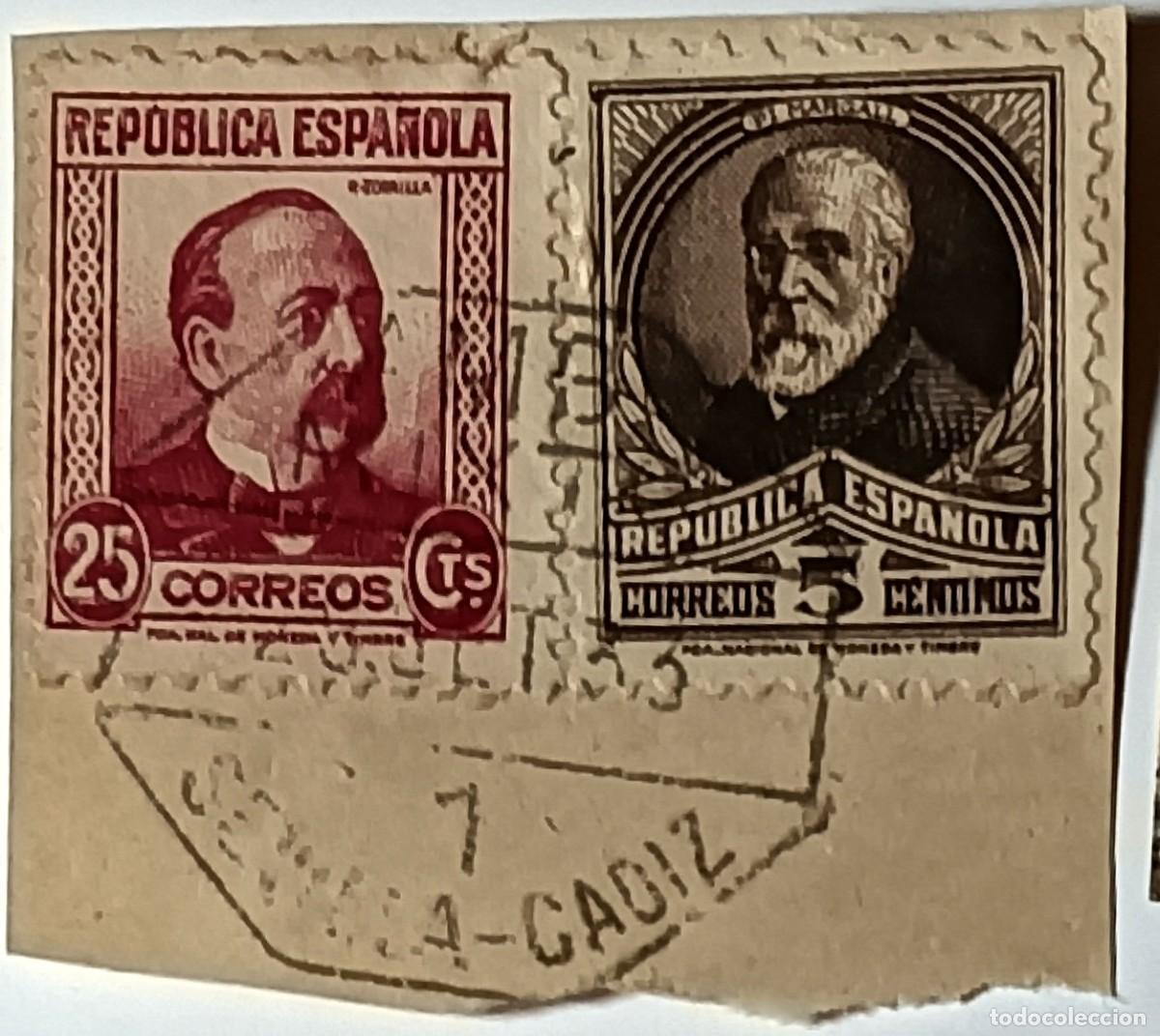 Sellos: PAREJA DE SELLOS REP&Uacute;BLICA ESPA&Ntilde;OLA &rdquo;PERSONAJES&rdquo; - MATASELLADOS C&Aacute;DIZ - A&Ntilde;OS 1933-1938