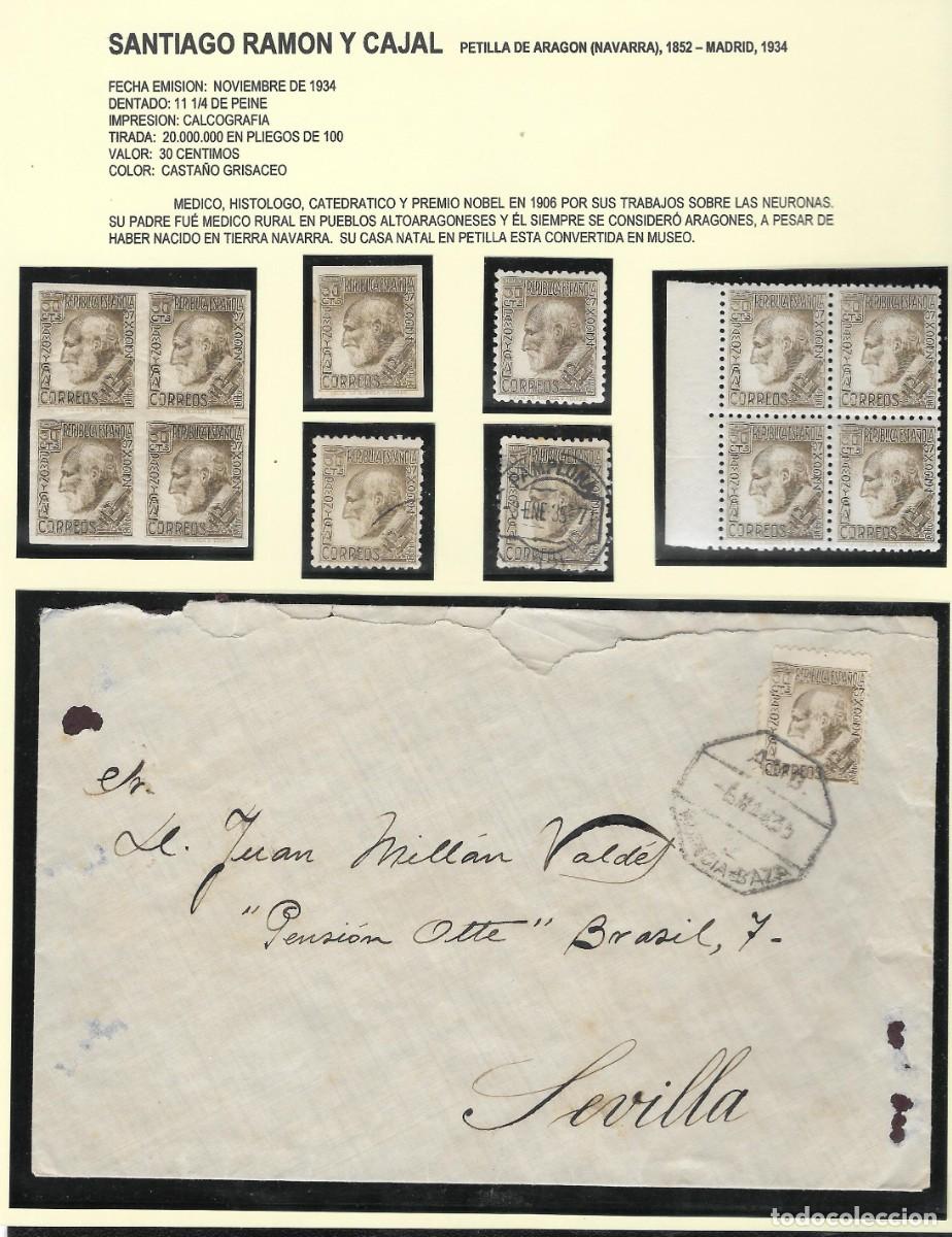 Sellos: Hoja Montada Santiago Ramon y Cajal. Edifil 680 Incluye NO DENTADOS en bloque de 4 y carta. 1934