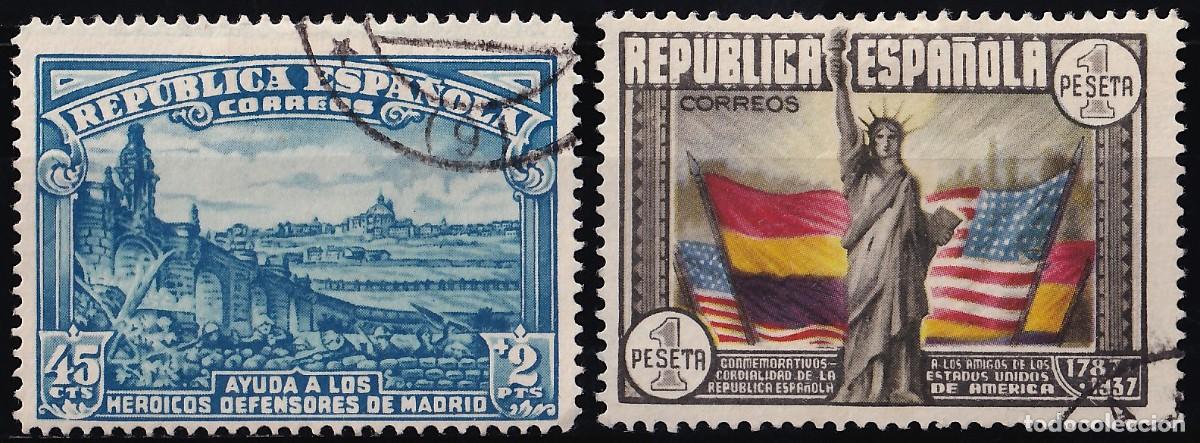 Sellos: ESPA&Ntilde;A, 1938 EDIFIL N&ordm; 757, 763. Defensa de Madrid / Aniversario de la Constituci&oacute;n de los EE.UU.