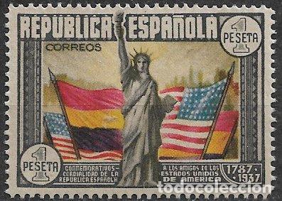 Sellos: Rep&uacute;blica Espa&ntilde;ola 1938 CL Aniv&ordm; Constituci&oacute;n EEUU, EDIFIL n&ordm; 763 * *